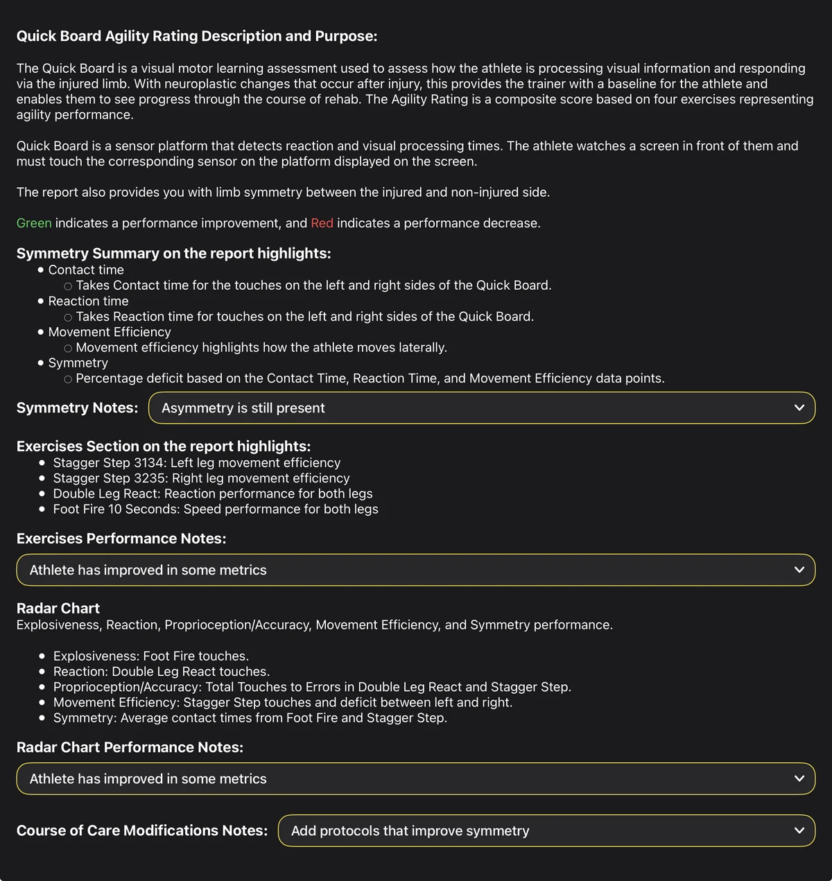 Agility Rating Description and Notes Dropdowns for CPT 97750 billing
