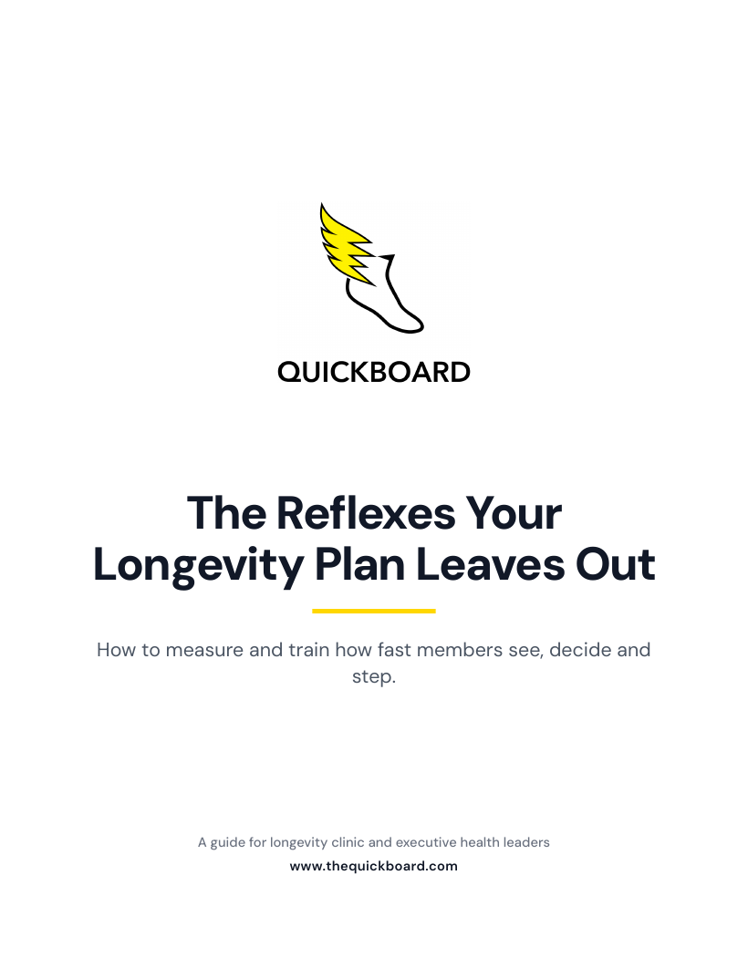 Cover of The Reflexes Your Longevity Plan Leaves Out, a QuickBoard guide for longevity clinic and executive health leaders